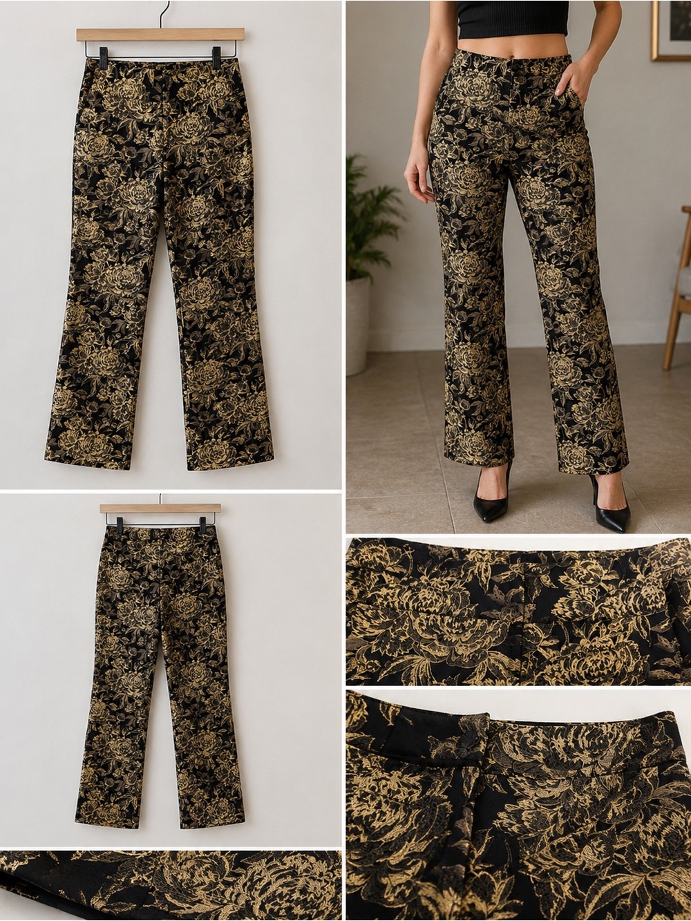 Black & Gold Floral Wide-Leg Pants